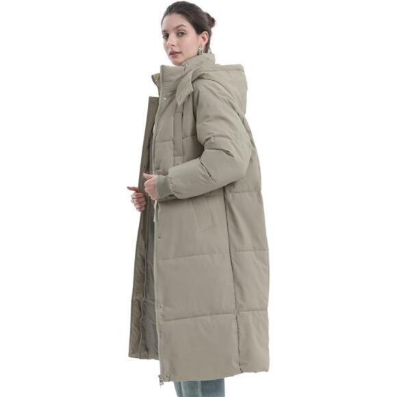 Long Puffer Jacket for Women, Khaki - Picture 3 of 6